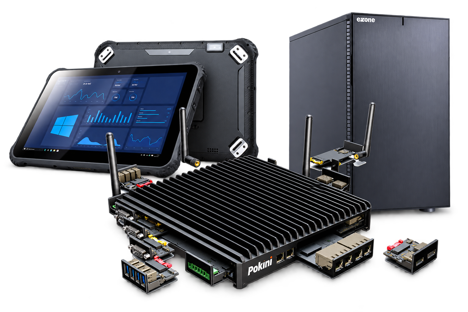 Produktkomposition aus robusten Tablets, kompaktem Industrie-PC und CAD-/CAM-Workstation